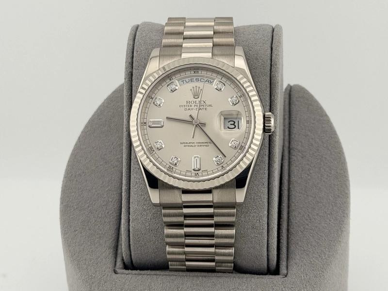Rolex President Day Date 118239 36mm Factory Silver Diamond Dial 18K White Gold: Condition: Pre-owned - Excellent,Bezel Color: Silver,Indices: Diamond Markers,Year Manufactured: 2000-2009,Band/Strap: Rolex President,Case Color: Silver,Department: Men,Bezel Type: Diamond,Watch Shap