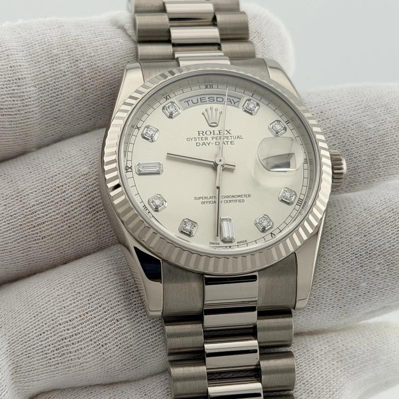 Rolex President Day Date 118239 36mm Factory Silver Diamond Dial 18K White Gold - 4