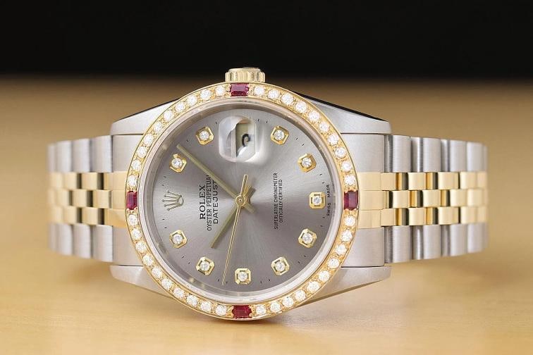 ROLEX MENS DATEJUST 16233 GRAY DIAL 18K GOLD STEEL TWO TONE DIAMOND RUBY WATCH - 3