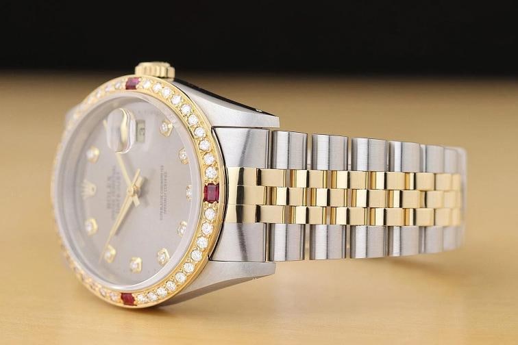 ROLEX MENS DATEJUST 16233 GRAY DIAL 18K GOLD STEEL TWO TONE DIAMOND RUBY WATCH - 4