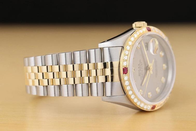 ROLEX MENS DATEJUST 16233 GRAY DIAL 18K GOLD STEEL TWO TONE DIAMOND RUBY WATCH - 7