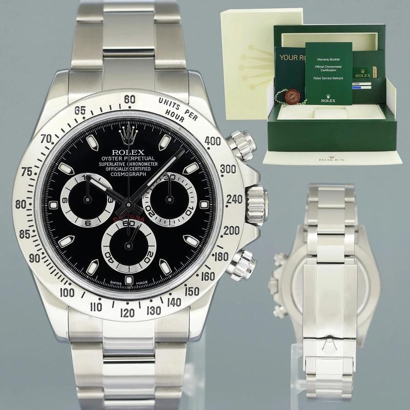 MINT 2012 PAPERS Rolex Daytona 116520 Black Steel Cosmograph Watch Box: Case & Dial Case Material: Rolex Stainless Steel Case Size: 40mm Bezel: Rolex Steel Crystal: Rolex Sapphire Dial: Rolex Black Movement & Bracelet Movement: Rolex Automatic Bracelet Design: Rolex Oyste
