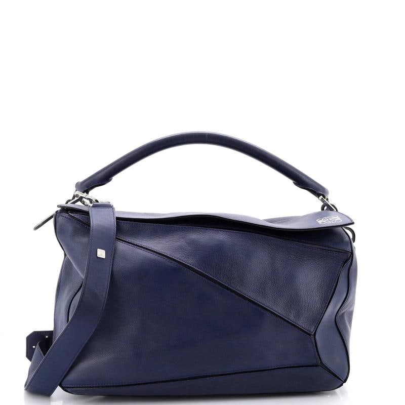 Loewe Puzzle Bag Leather Large: Condition: Pre-owned - Good,Brand: Loewe,Exterior Material: Leather,Style: Satchels,Exterior Color: Blue,Department: Women,Size: Large,Accessories: Dust Bag, With Strap