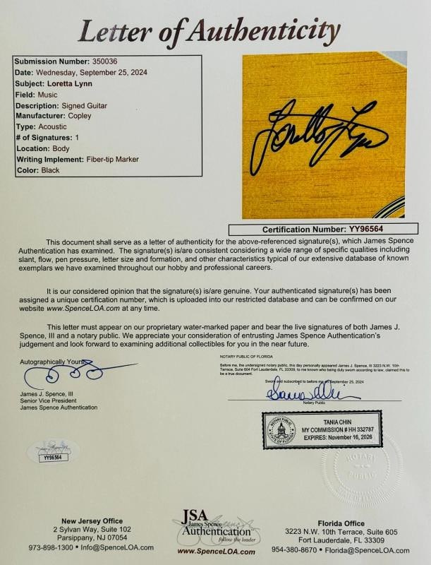 LORETTA LYNN Signed Acoustic Copley Guitar JSA LOA Coal Miners Daughter - 4