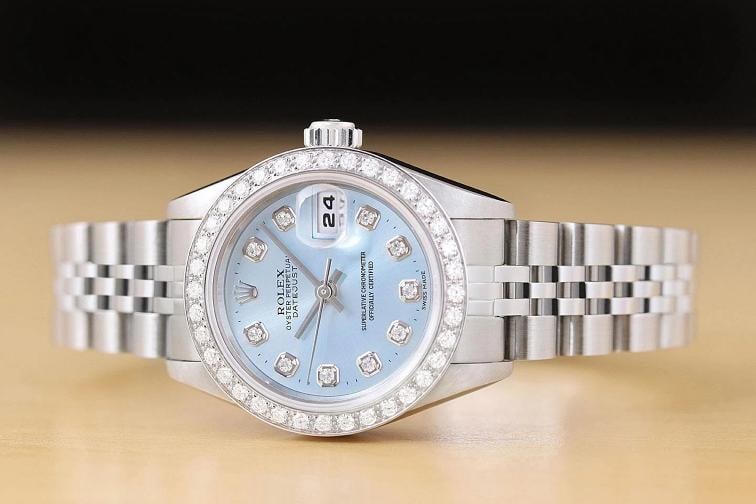 ROLEX LADIES DATEJUST 79174 NO HOLES ICE BLUE DIAL 18K GOLD STEEL DIAMOND WATCH - 3