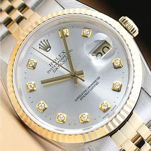 ROLEX MENS DATEJUST 16233 2-TONE 18K GOLD STAINLESS STEEL QUICKSET WATCH: This is an authentic Rolex Datejust 16233 watch with Rolex two tone 18K yellow gold and stainless steel jubilee bracelet, Rolex dial Ref. with added genuine diamond markers, and Rolex 18K yellow gold 