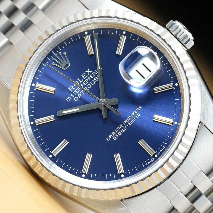 ROLEX MENS DATEJUST 16234 QUICKSET 18K WHITE GOLD STAINLESS STEEL WATCH: This is an authentic Rolex Datejust 16234 watch with Rolex stick dial Ref., Rolex 18K white gold fluted bezel, and custom stainless steel jubilee band. Descriptions: Brand: Rolex Model: Datejust Refer