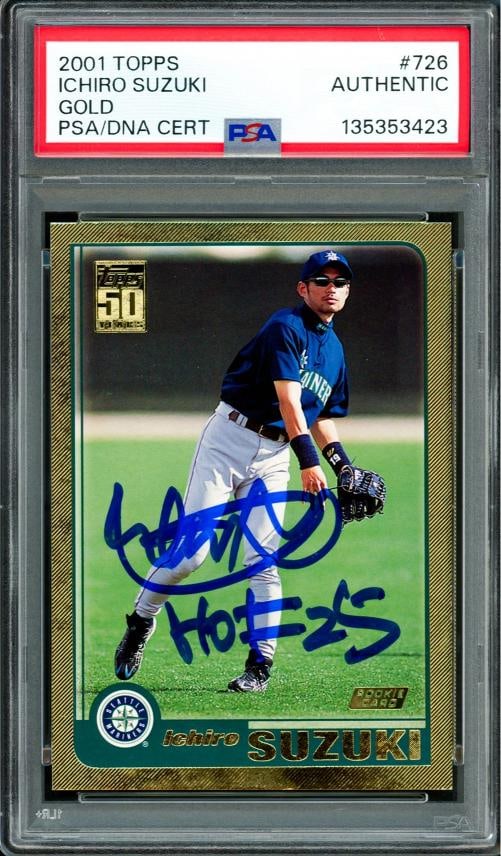 Ichiro Suzuki Signed 2001 Topps Gold RC 726 Mariners "HOF 25" PSA/DNA: Condition: Ungraded - Very good: Not in original packaging or professionally graded ,Player/Athlete: Ichiro Suzuki,Player: Ichiro Suzuki,Team: Seattle Mariners,Sport: Baseball,Product: Card,Autographe