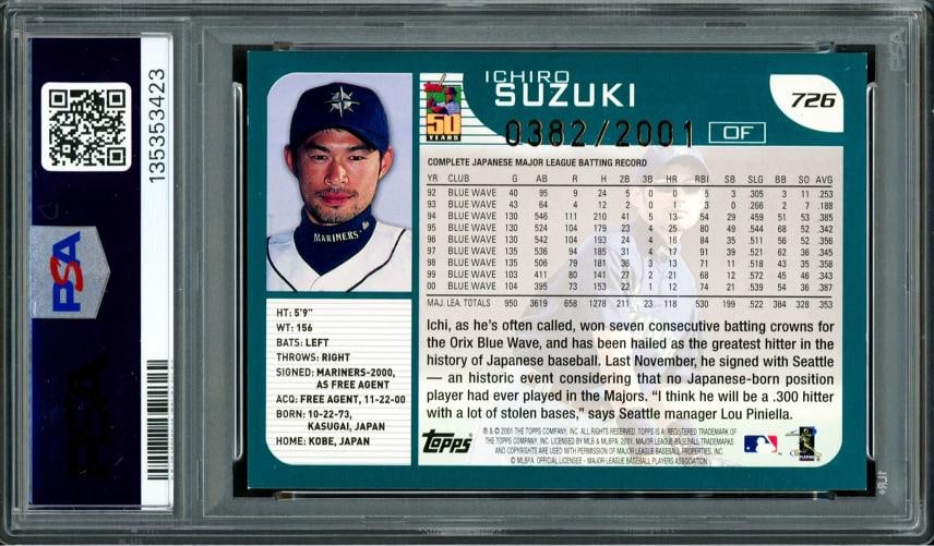Ichiro Suzuki Signed 2001 Topps Gold RC 726 Mariners "HOF 25" PSA/DNA - 2