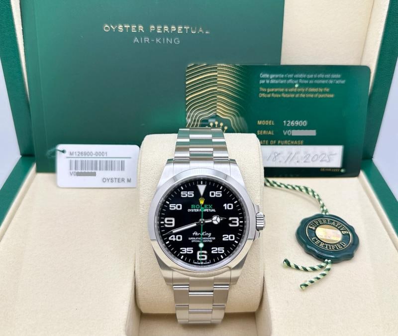 2025 Rolex Air King 126900 40mm Black Dial Stainless Steel Box Papers: Condition: Pre-owned - Excellent,Bezel Color: Silver,Year Manufactured: 2025,Band/Strap: Rolex Oyster,Case Color: Silver,Department: Men,Bezel Type: Smooth,Manufacturer Warranty: 5 Years,Watch Shape: 