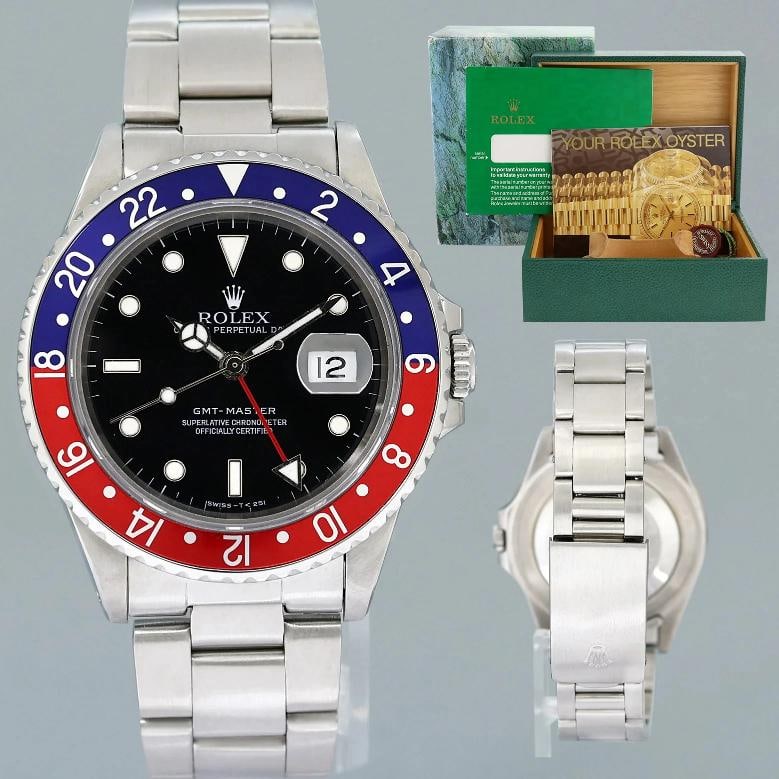 1990 Rolex GMT-Master Pepsi Blue Red 40mm Tritium Steel 16700 Watch Box: Case & Dial Case Material: Rolex Stainless Steel Case Size: 40mm Bezel: Rolex Red and Blue Pepsi Crystal: Rolex Sapphire Dial: Rolex Black Movement & Bracelet Movement: Rolex Automatic Bracelet Design