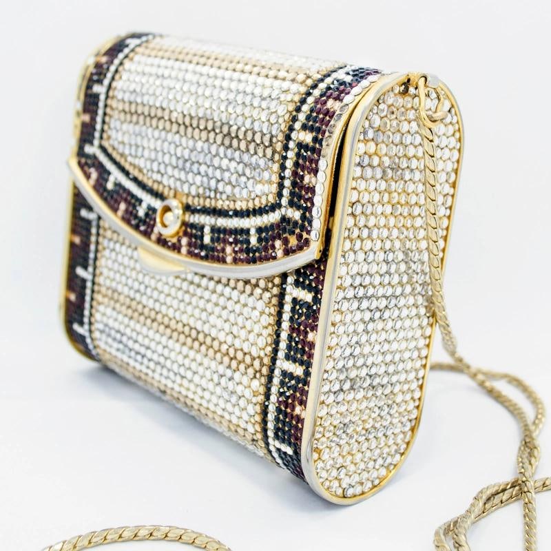 Vintage Judith Leiber Red, Black & White Crystal Design Gold Tone Clutch Bag - 2