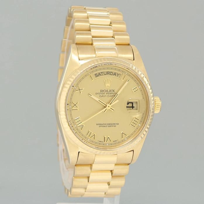 PAPERS MINT Rolex President Day-Date Champagne Roman 18038 Quickset Gold Watch - 3