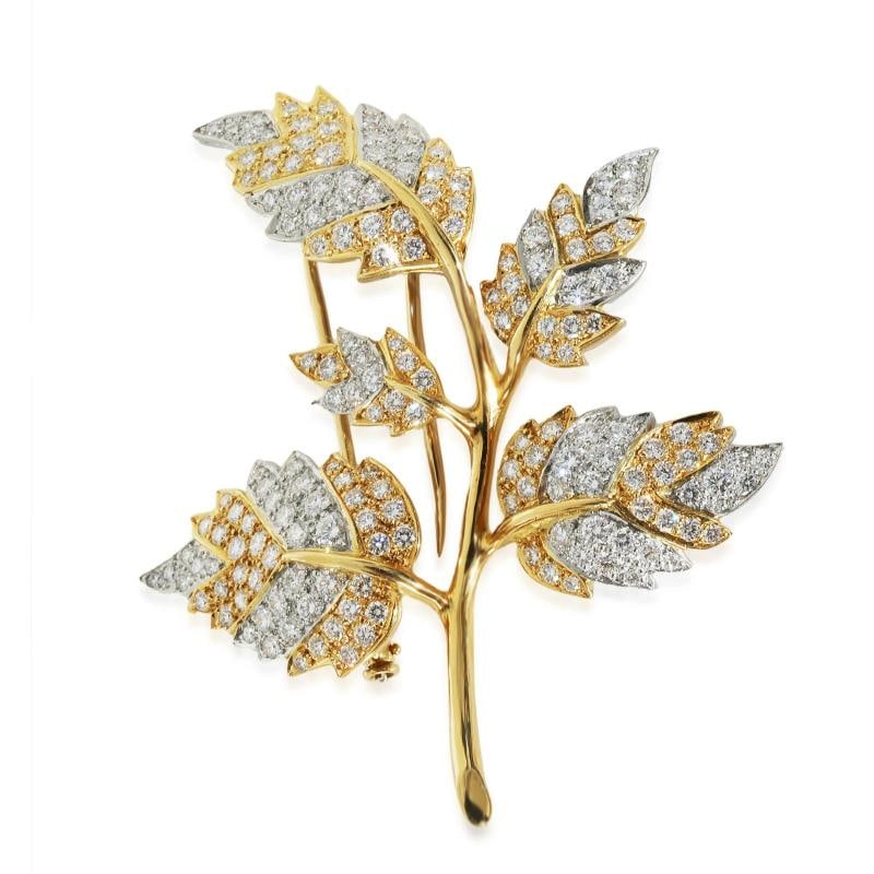 Tiffany & Co. Yellow Gold & Platinum Diamond 5 Leaf Schlumberger Brooch: Condition: Pre-owned - Good,Shape: Round Brilliant,Item Length: 57 mm,Country of Origin: France,Side Stone Type: Diamond,Side Stone Weight (cts): 5.00,Metal Purity: 18k,With Original Box/Packaging: No