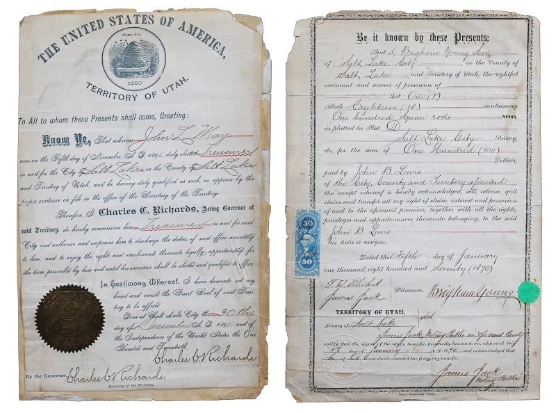 Brigham Young Signed 8x12.75 1870 Land Transfer Deed Document BAS #AE64447 (1 of 5)