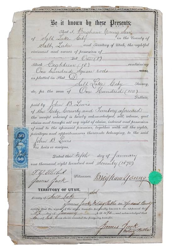 Brigham Young Signed 8x12.75 1870 Land Transfer Deed Document BAS #AE64447 - 2