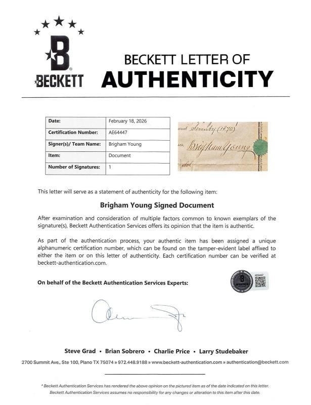 Brigham Young Signed 8x12.75 1870 Land Transfer Deed Document BAS #AE64447 - 5