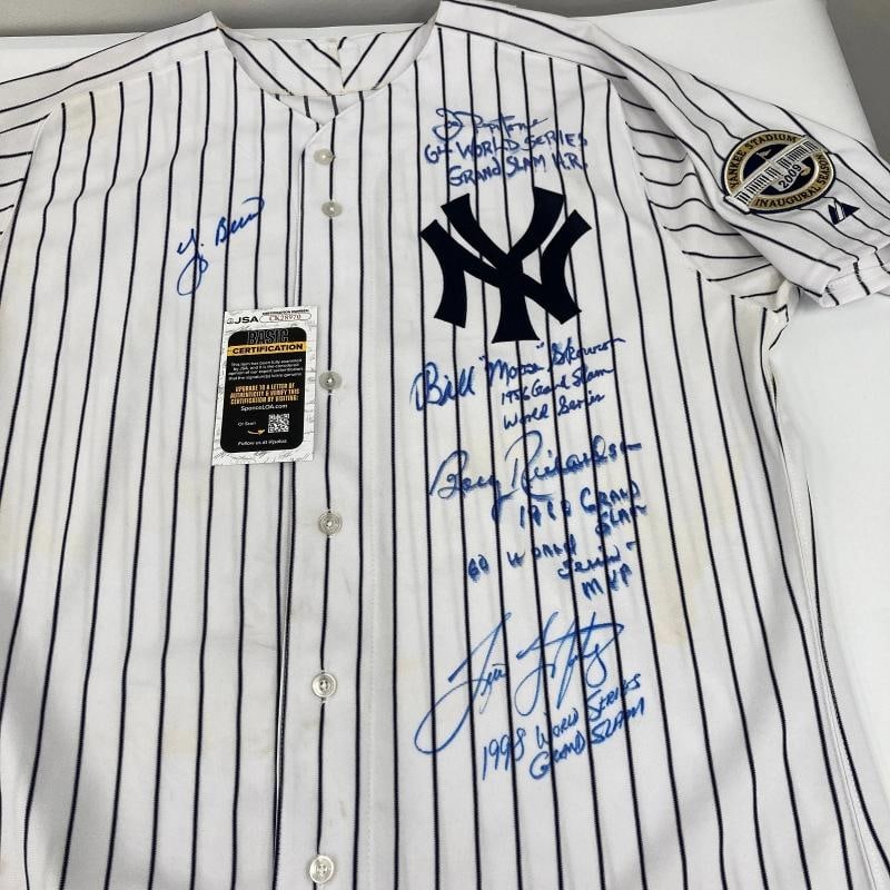 New York Yankees World Series Grand Slams Signed Jersey 5 Sigs Yogi Berra JSA: Sport: Baseball,Player: Yogi Berra,Signed: Yes,Original/Reprint: Original,Autograph Authentication: James Spence Authentication (JSA),Product: Jersey,Team: New York Yankees,Country of Origin: United S