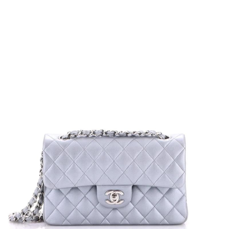 Chanel Classic Double Flap Bag Quilted Iridescent Caviar Small: Condition: Pre-owned - Good,Brand: Chanel,Exterior Material: Leather,Style: Shoulder Bags,Exterior Color: Silver,Department: Women,Size: Small