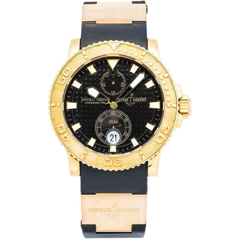 Ulysse Nardin Maxi Marine Diver Havana 266-33 w/box Auto YG Black Dial Men 43mm: Condition: Pre-owned - Good: This item has been gently used but is in good condition. It might have a few signs of wear, like light scratches or tarnishing. All imperfections should be shown and descr