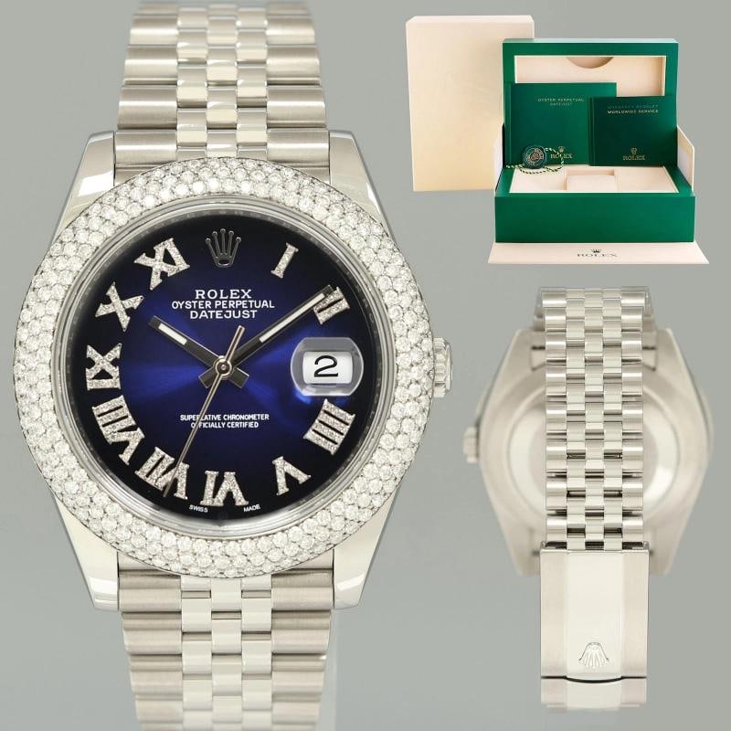 DIAMOND BEZEL Rolex DateJust 41 Steel 126300 Blue Roman Jubilee Dial Oyster: Condition: Pre-owned - Excellent,Brand: Rolex,Department: Men,Type: Wristwatch,Customized: Yes,Country of Origin: Switzerland Brand Rolex (Guaranteed Authentic) Model DateJust 41 Reference Number 1263