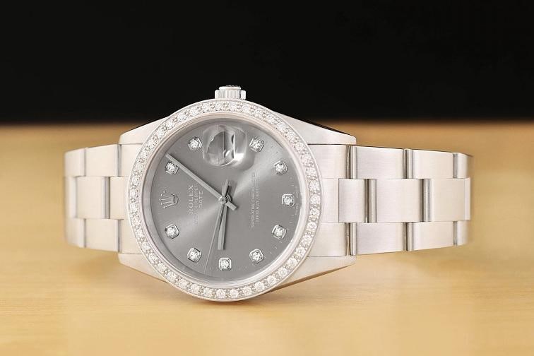 ROLEX MENS OYSTER PERPETUAL DATE 34MM 15200 GRAY DIAL DIAMOND STEEL WATCH - 2