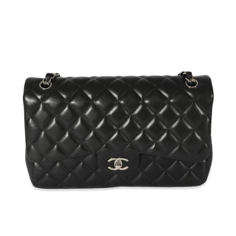 Chanel Black Quilted Lambskin Jumbo Classic Double Flap: Condition: Pre-owned - Good,Country of Origin: Italy,Dimensions: 12 x 7.5 x 3.5,Handbag Accessories: Box;Dustbag;Care Booklet,Bag Width: 12 in,Bag Depth: 3.5 in,Bag Height: 7.5 in,Department: Unisex,S