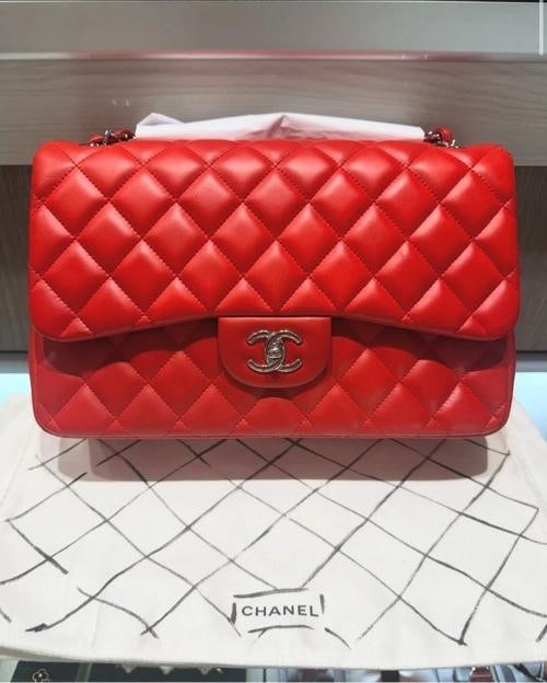 Chanel Lambskin Quilted Jumbo Double Flap in Cayenne Red with Silver Hardware: Condition: Pre-owned - Good,Brand: CHANEL,Department: Women,Closure: Turn Lock,Exterior Color: Red,Style: Crossbody,Exterior Material: lambskin leather,Country of Origin: France A timeless staple from