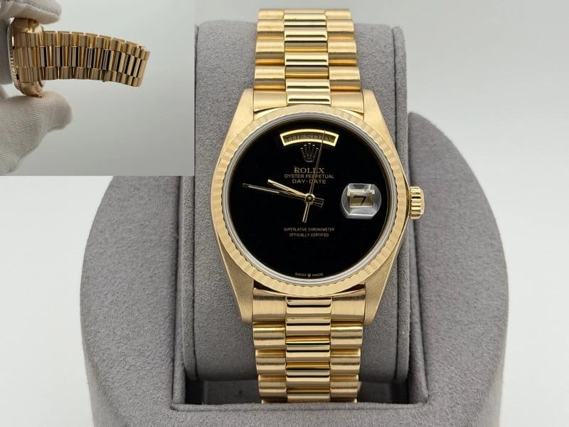 Rolex Day Date President 18038 36mm Black Onyx Dial Quickset 18K Yellow Gold: Condition: Pre-owned - Excellent,Bezel Color: Gold, Yellow,Movement: Mechanical (Automatic),Seller Warranty: Yes,Year Manufactured: 1980-1989,Band/Strap: Rolex President,Reference Number: 18038,Brand: