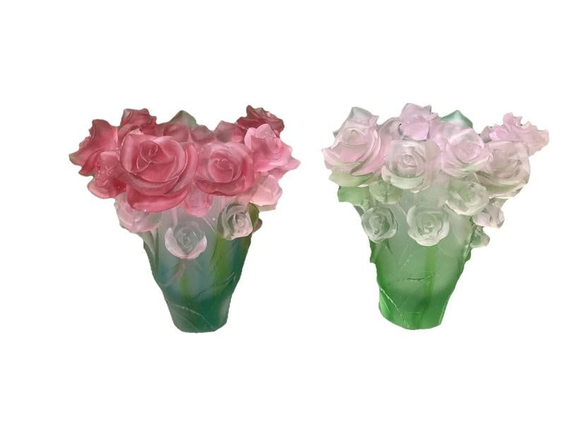 Set Of 2 Nancy Daum Style Multi Color Crystal Rose Vase Maker Unknown Unique: Condition: Used: An item that has been used previously. The item may have some signs of cosmetic wear, but is fully operational and functions as intended. This item may be a floor model or store retur