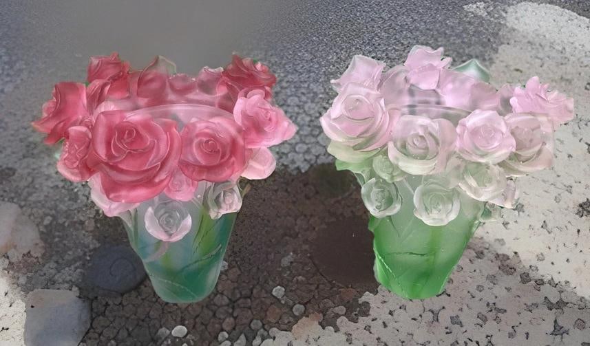 Set Of 2 Nancy Daum Style Multi Color Crystal Rose Vase Maker Unknown Unique - 3