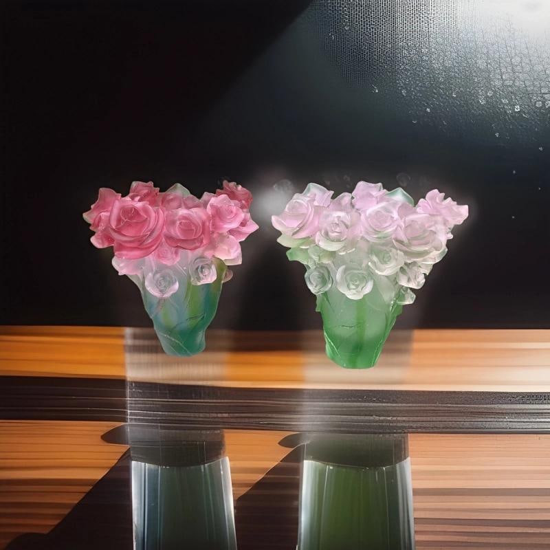 Set Of 2 Nancy Daum Style Multi Color Crystal Rose Vase Maker Unknown Unique - 4