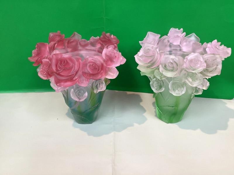 Set Of 2 Nancy Daum Style Multi Color Crystal Rose Vase Maker Unknown Unique - 5