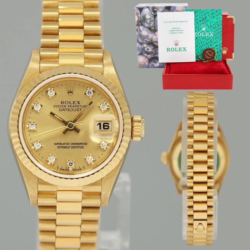 PAPERS Factory Diamond Ladies 69178 Rolex DateJust President 26mm Yellow Gold: Case & Dial Case Material: Rolex Yellow Gold Case Size: 26mm Bezel: Rolex Yellow Gold Fluted Crystal: Rolex Sapphire Dial: Rolex Champagne Diamond Movement & Bracelet Movement: Rolex Automatic Bracele