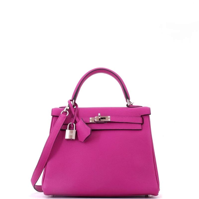 Hermes Kelly Handbag Pink Togo with Palladium Hardware 25: Accessories: Keys, Box, Dust Bag, Clochette, Lock, With Strap Measurements: Height 8", Width 9", Depth 4". Condition: Pre-owned - Good,Brand: Hermes,Exterior Material: Leather,Style: Top Handle,Exteri