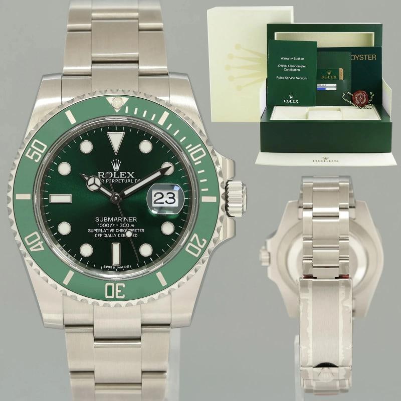 2013 STICKERS PAPERS Rolex Submariner Hulk Green Dial Ceramic 116610LV Steel: Case & Dial Case Material: Rolex Stainless Steel Case Size: 40mm Bezel: Rolex Green Bezel Crystal: Rolex Sapphire Dial: Rolex Green Movement & Bracelet Movement: Rolex Automatic Bracelet Design: Rolex