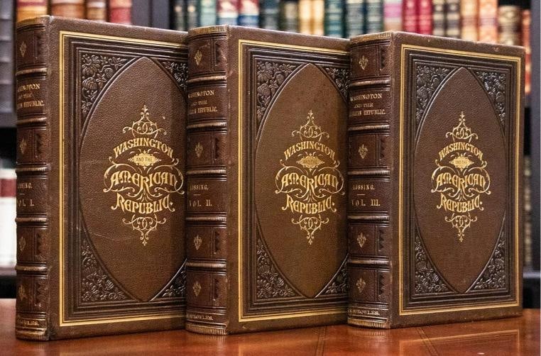 1870 George Washington and the American Republic 1stED Fine Leather Illustrated: Description: Publishers Deluxe Leather Bindings. A complete three volume set in VG condition beautifully bound in publishers deluxe, heavily embossed leather binding with bright gilt details and title