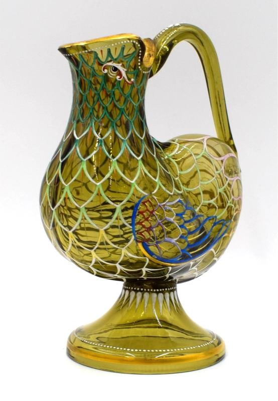 Rare Moser Art Glass Bird Shaped Small Pitcher, Hand Painted, Circa 1920 - 2
