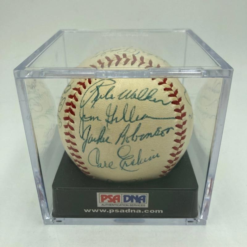 Jackie Robinson 1954 Brooklyn Dodgers Team Signed Baseball PSA DNA: signed by twenty-three 1954 Dodgers, including Hall of Famers Jackie Robinson, Roy Campanella, Lasorda and Alston. Others include Gilliam, Furillo, Newcombe, Podres, Erskine and Walker.. Sport: