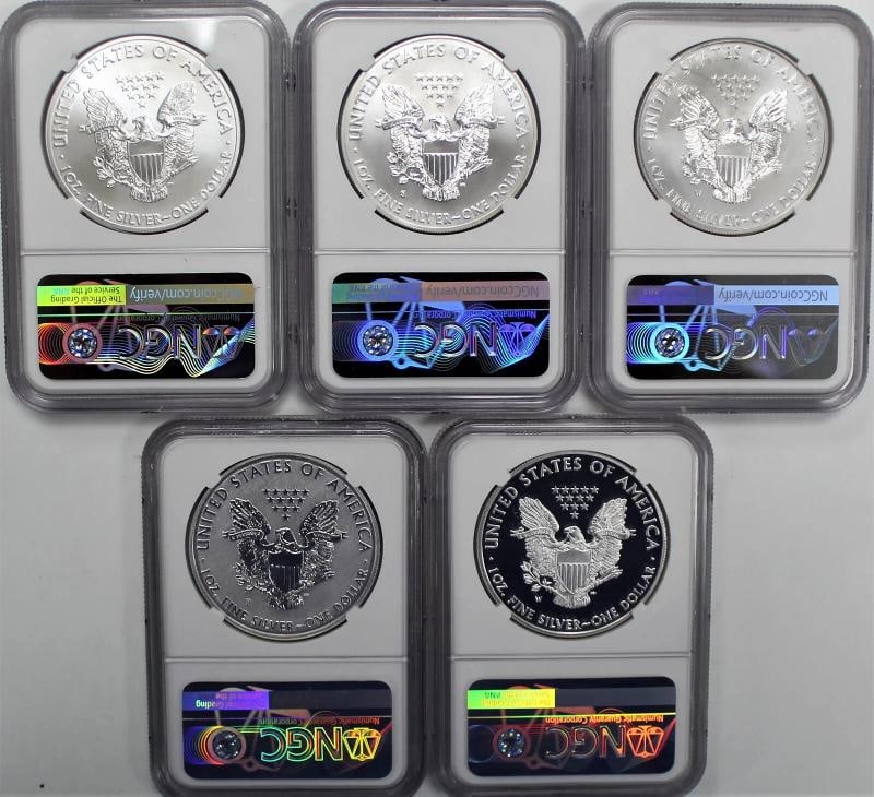 2011 $1 Silver Eagle 25th Anniversary 5 Coin Set NGC MS70/PF70/PF70 Mercanti - 2