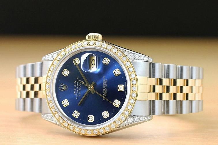 ROLEX MENS DATEJUST 16013 18K YELLOW GOLD DIAMOND STAINLESS STEEL BLUE WATCH - 2