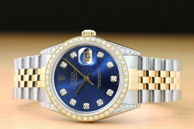 ROLEX MENS DATEJUST 16013 18K YELLOW GOLD DIAMOND STAINLESS STEEL BLUE WATCH - 3