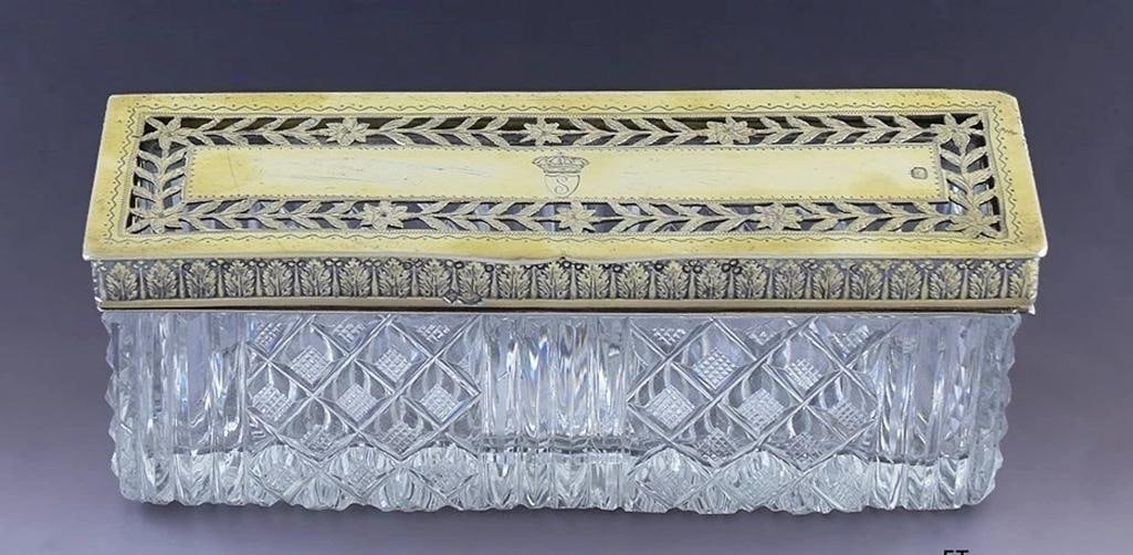 Superb early 1800s French 950 Gilt Silver Cut Glass Trinket Dresser Box: The box measures about 6 by 1 7/8 by 2 1/8 inches. The box weighs 488 grams. . Type: Box,Brand: N/A,Age: 1800-1849,Maker: Pierre Leplain,Composition: 950 Silver,Country of Origin: France