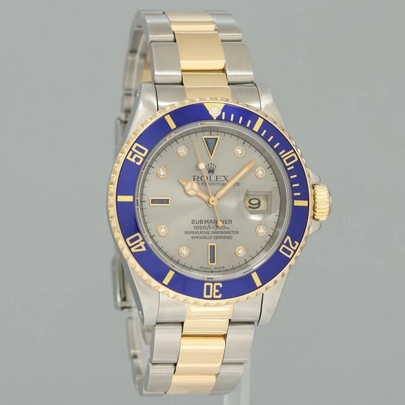 MINT Rolex Submariner 16613 Two Tone Yellow Gold Blue Serti Diamond 40mm Watch - 3