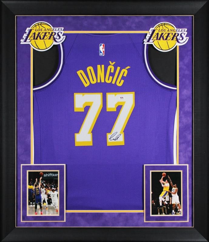 Luka Doncic Signed & Custom Framed Lakes Jersey (PSA): Player: Luka Doncic,Product: Jersey,Original/Reprint: Original,Autograph Authentication: PSA,Team: Los Angeles Lakers,PRODUCT_COA: PSA,PRODUCT_SIGNED_BY_NAME: Luka Doncic,PRODUCT_SIGNED_BY_BRAND: Los 