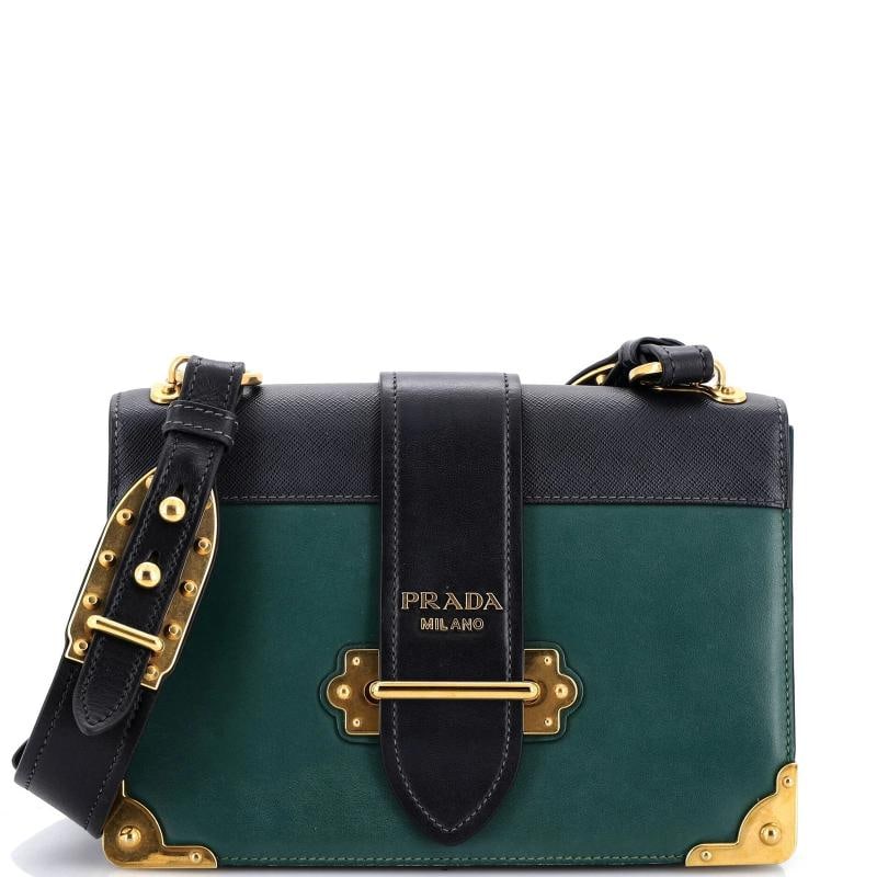 Prada Cahier Crossbody Bag Leather and Saffiano Leather Large: Measurements: Handle Drop 9", Height 6.5", Width 10", Depth 3", Strap Drop 19" . Condition: Pre-owned - Good,Brand: Prada,Exterior Material: Leather,Style: Cross Body Bags,Exterior Color: Green,Depart
