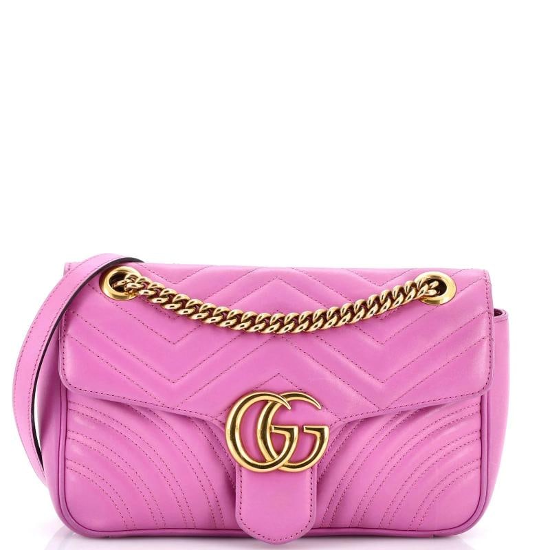 Gucci GG Marmont Flap Bag Matelasse Leather Medium: Measurements: Handle Drop 12", Height 8", Width 10", Depth 3", Strap Drop 20" . Condition: Pre-owned - Good,Brand: Gucci,Exterior Material: Leather,Style: Shoulder Bags,Exterior Color: Pink,Department