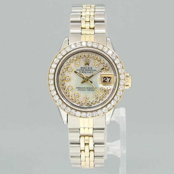 Ladies Rolex Date 26m 6519 Two Tone Yellow Gold MOP Diamond Jubilee Steel Watch - 2