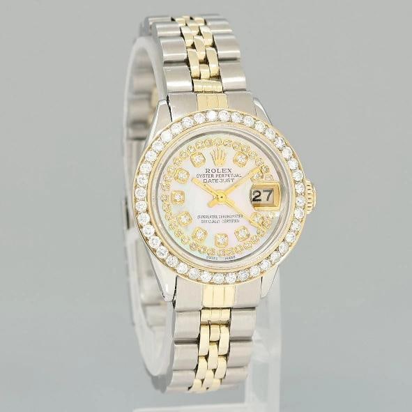 Ladies Rolex Date 26m 6519 Two Tone Yellow Gold MOP Diamond Jubilee Steel Watch - 3