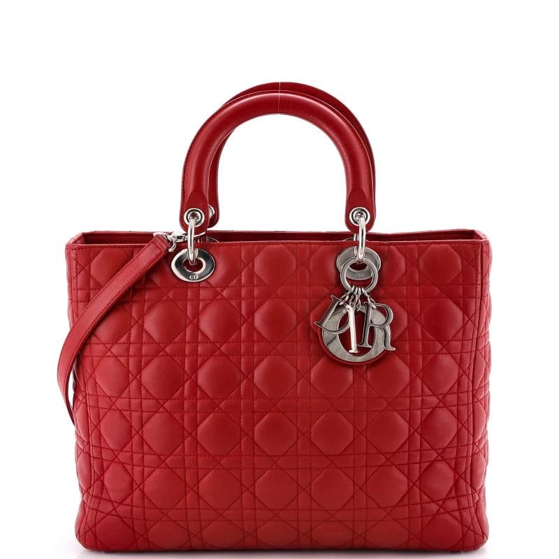 Christian Dior Lady Dior Bag Cannage Quilt Lambskin Large: Measurements: Handle Drop 4", Height 10", Width 12.5", Depth 4", Strap Drop 14" . Condition: Pre-owned - Good,Brand: Christian Dior,Exterior Material: Leather,Style: Totes,Exterior Color: Red,Departme